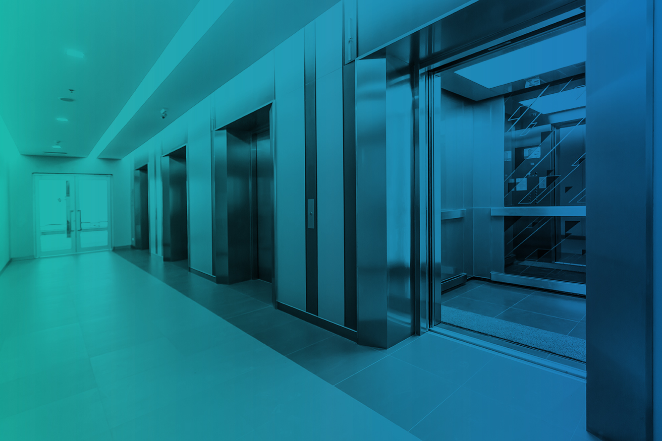 Modern steel elevator cabins in a business lobby or Hotel, Store, interior, office,perspective wide angle. Three elevators in hotel lobby.